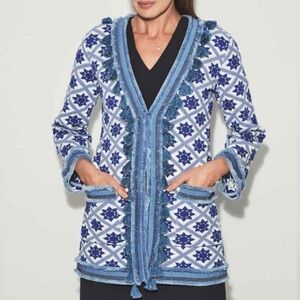 The Extreme Collection Knit Embroidered Tasseled Blue Open Cardigan